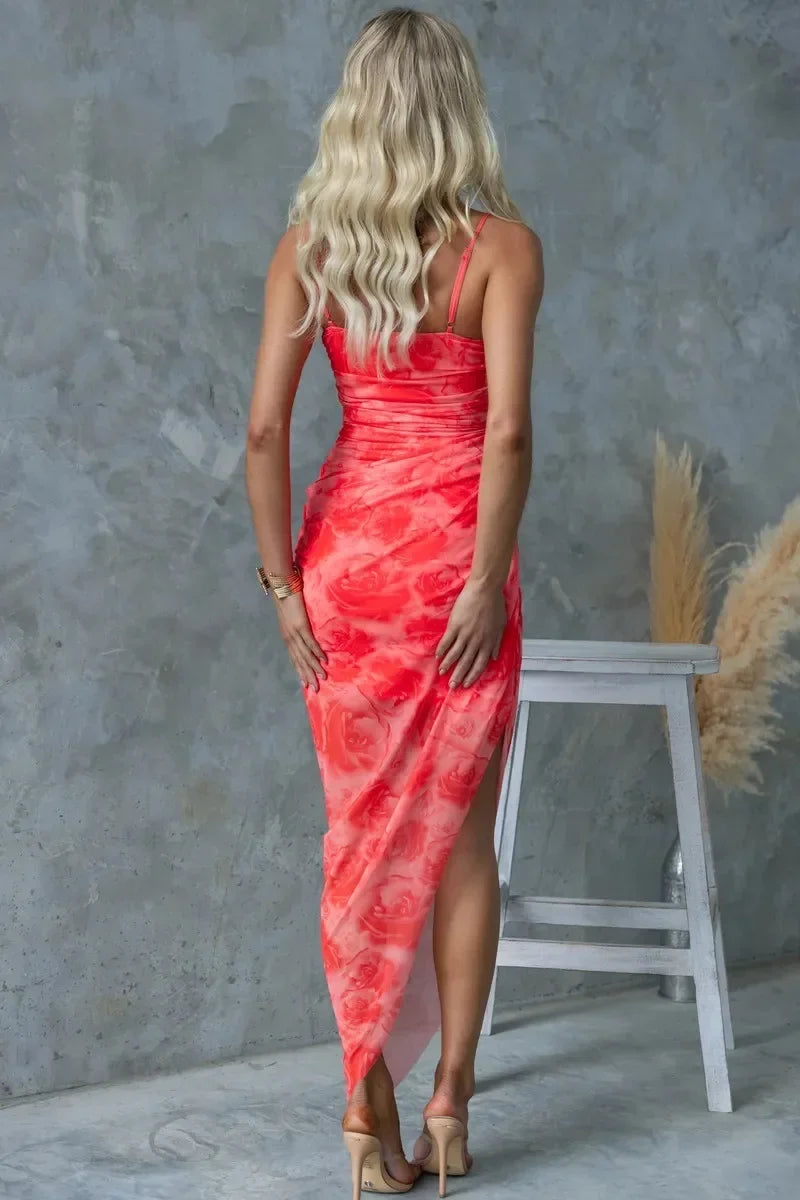 Hot Selling Spring and Summer New Fashionable Comfortable Suspender Printed Slit Dress INS Casual Vacation Loose Dress