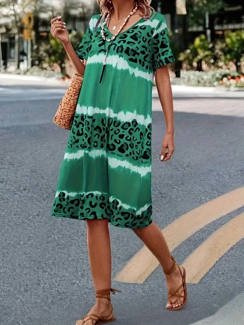Women's Plus Size 1XL-8XL Fashion Casual Dress Short Sleeve Dress Tie Dye Leopard Short Sleeve V Neck Slight Stretch Dress