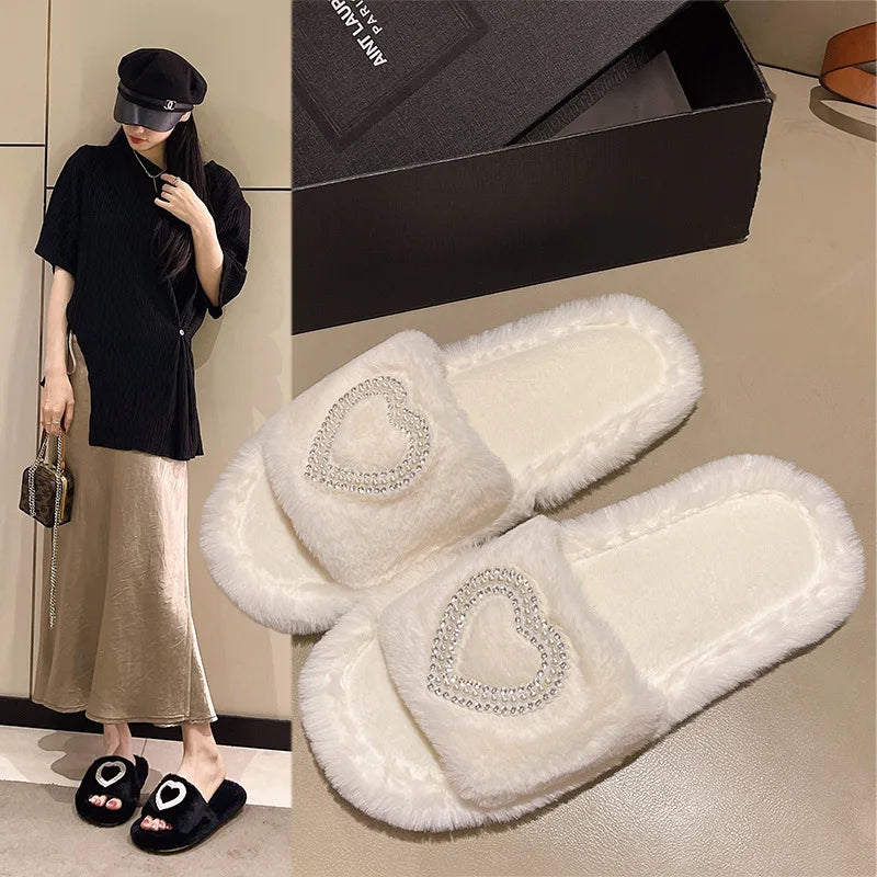 New Fashionable Hot Diamond Pearl Love Hair Cotton Slippers for Autumn and Winter Home slipper