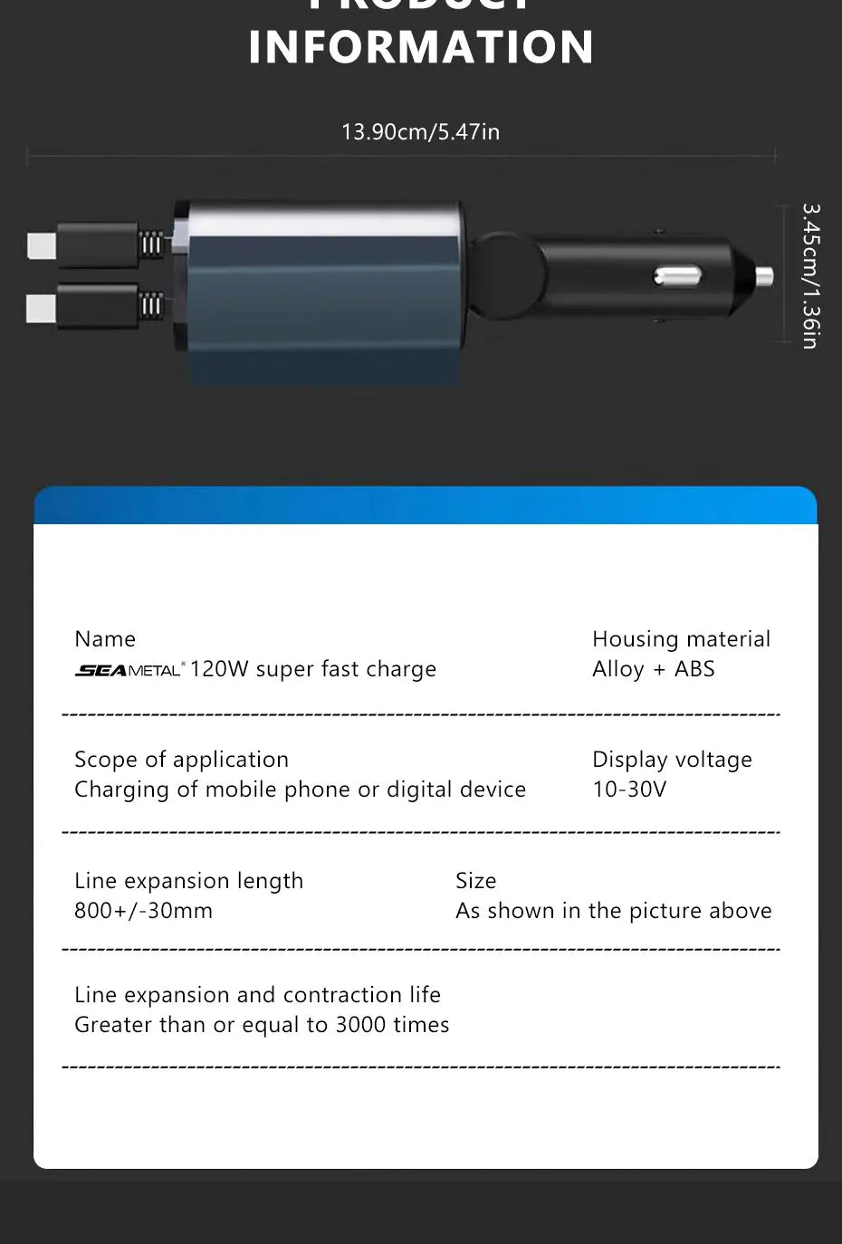 BLALION 4in1 120W Car Fast Charger Retractable USB Type C Cable For IPhone Xiaomi Huawei Samsung Car Cigarette Lighter Adapter