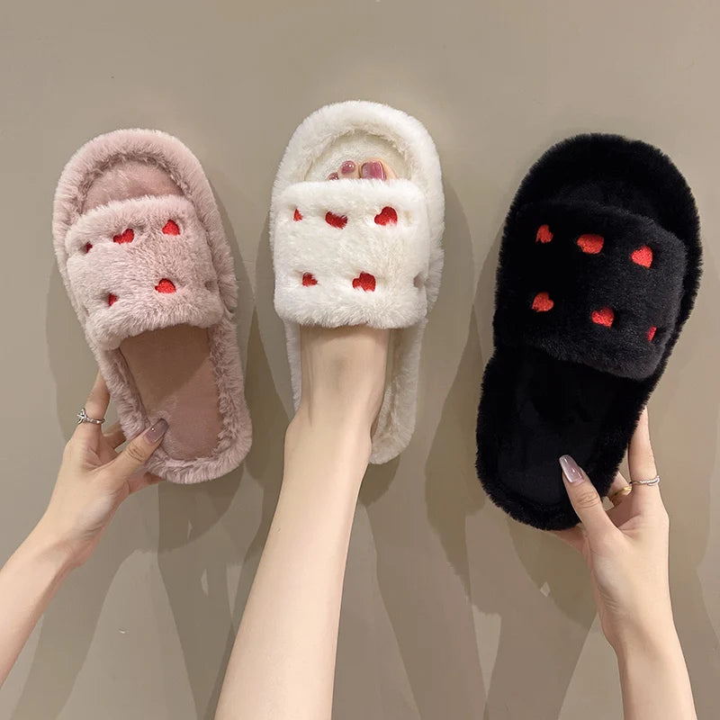 Fur Women Slippers Winter New Fashion Plush Shallow Mouth Indoor Outdoor Flip-flop Casual Bedroom Solid Color Slides Flat Shoes