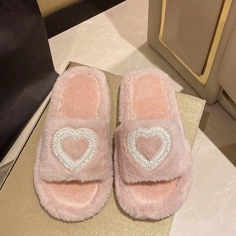 New Fashionable Hot Diamond Pearl Love Hair Cotton Slippers for Autumn and Winter Home slipper