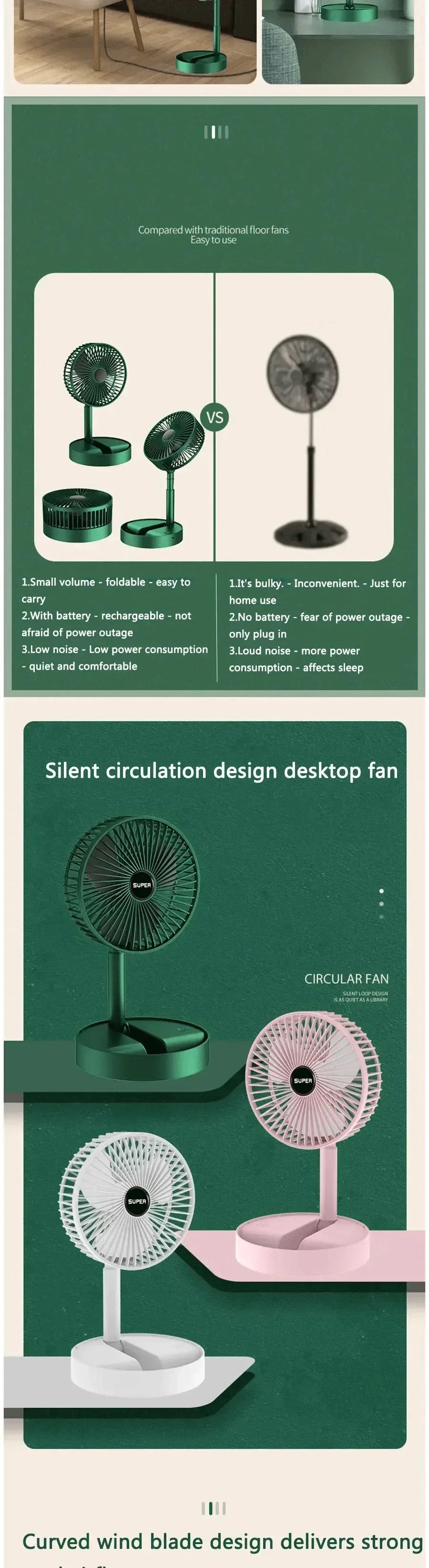 Mini Fan Desktop Foldable Retractable Portable Mini Fan rechargeable USB Home Low Noise High Duration Standby Mini Ceiling Fan