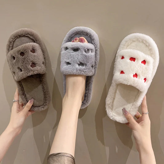 Fur Women Slippers Winter New Fashion Plush Shallow Mouth Indoor Outdoor Flip-flop Casual Bedroom Solid Color Slides Flat Shoes