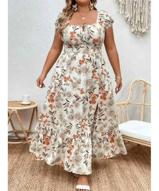 Elegant Women's 1-5XL Plus Size Suitable dress White Flower Casual Print design Loose long dress Summer versatile simple Dress