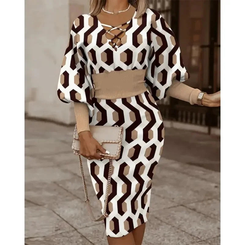 Women's Spring/autumn Fashionable Printed Dress V-Neck Band Waist Pack Hip Dress Leisure Elegant  Long Sleeve Dress