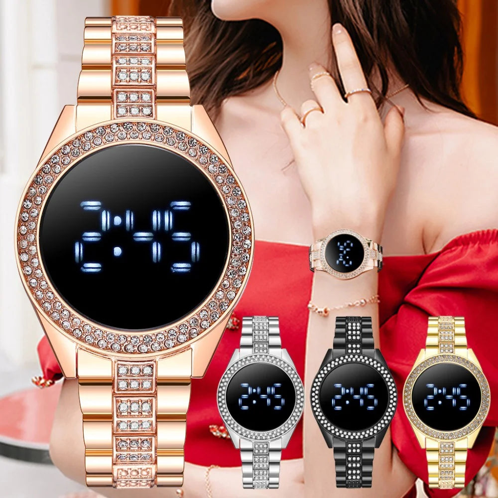Kegllect LED Large Screen Diamond Inlaid Women's Watch Round Steel Band Electronic Watches