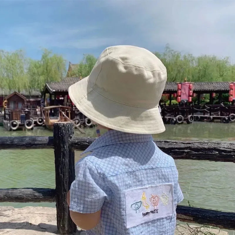 Double Sided Baby Bucket Hat with String Letter Embroidered Boys Girls Fisherman Cap Spring Summer Outdoor Kids Sun Hat