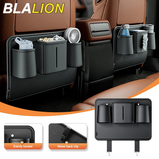 BLALION Car Seat Back Organizer PU Anti Kick Pad Short Auto Tissue Pocket Storage Bag With Cup Holder Trash Can Bin Accessories