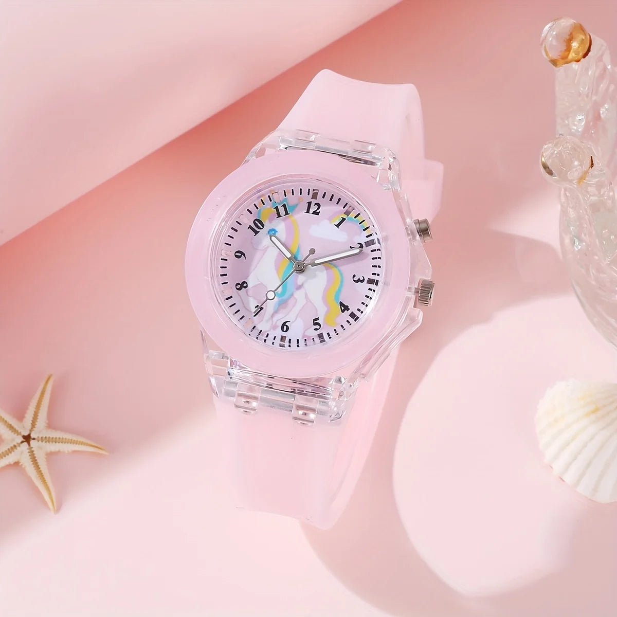 1/2pcs/set, 1pc Girls Light LED Luminous Cartoon Unicorn Quartz Wristwatch & 1pc Beaded Bracelet, Ideal choice for Gifts