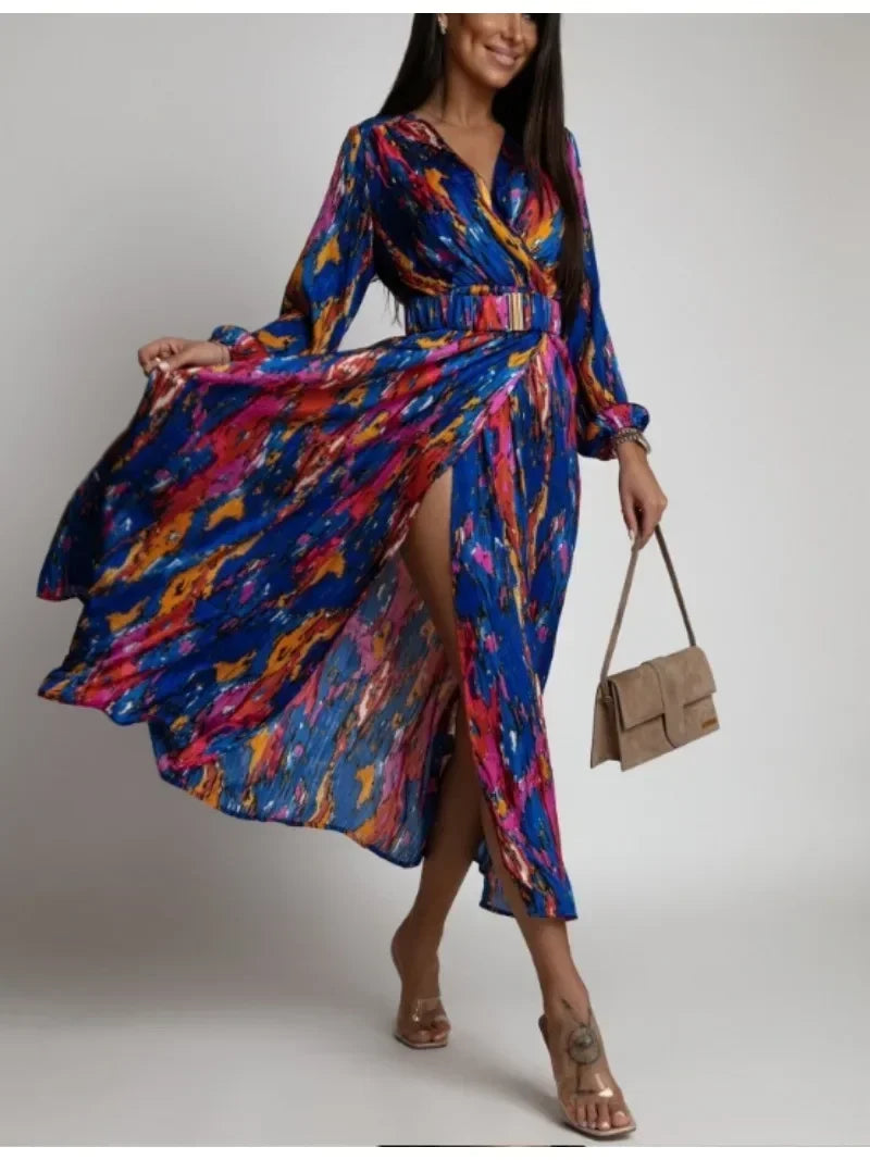 Women's Spring/Summer Dress Fashionable Colorful Printed V-neck Long Sleeved Elegant Dress Casual Belt Holiday Dress