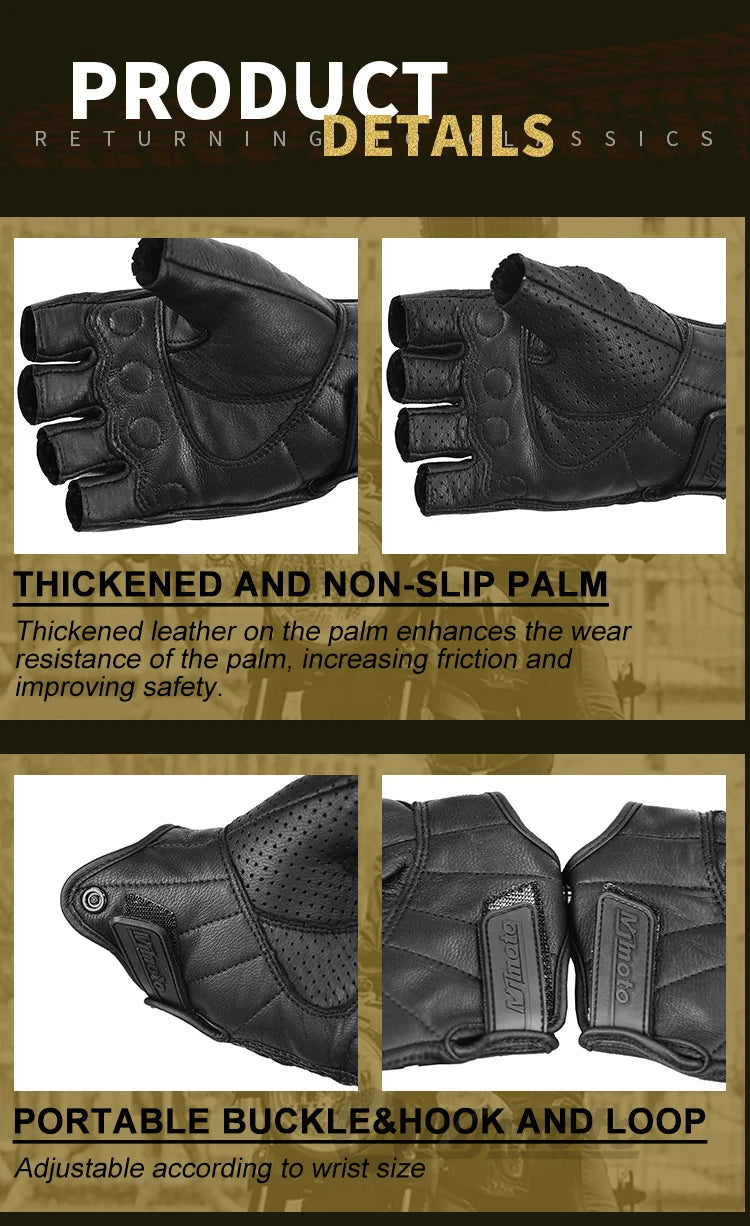 Summer Half Finger Motorcycle Gloves Retro Black Leather Motorbike Racing Gloves Motocross Moto Biker Cycling Fingerless Gloves