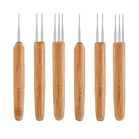 6 pieces 0.5/0.75MM needle crochet hooks set Bamboo handle hair braiding tools dreadlocks hair crocheting needles set