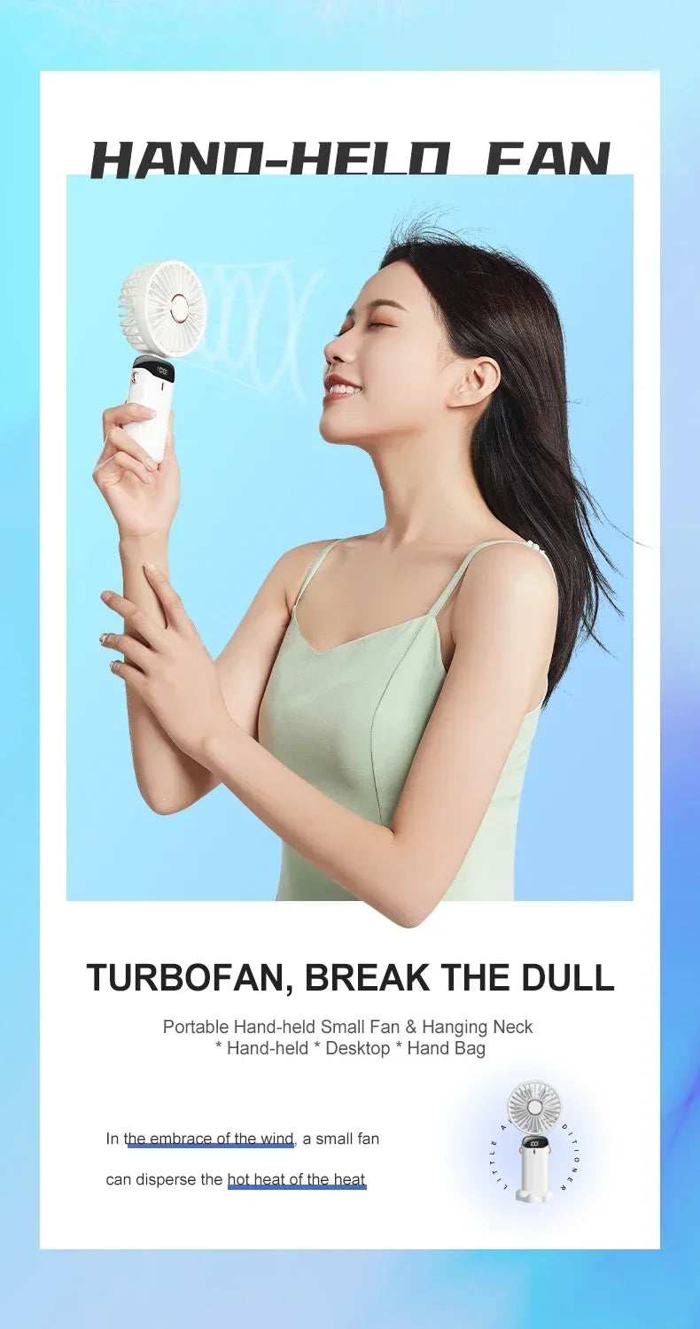 Portable Handheld Mini Fan Foldable Neck Hanging Fans 5 Speed USB Rechargeable Fan with Phone Stand and Display Screen 1800mAh