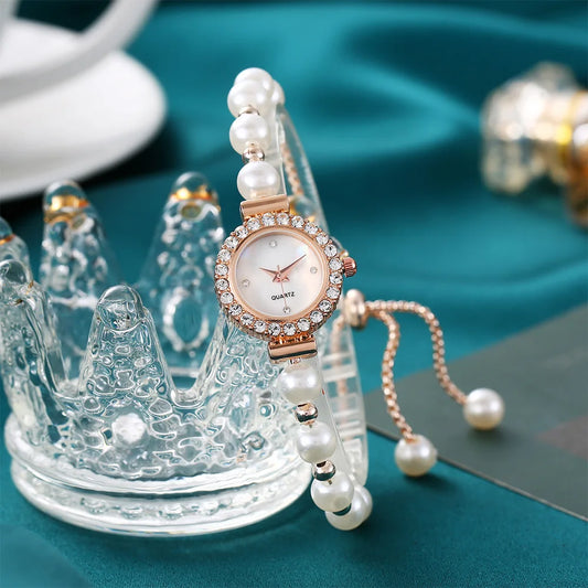 Kegllect Ladies Round Quartz Watch Women Luxury Pearl Bracelet Adjustable Strap Diamond Watches Jam Tangan Perempuan