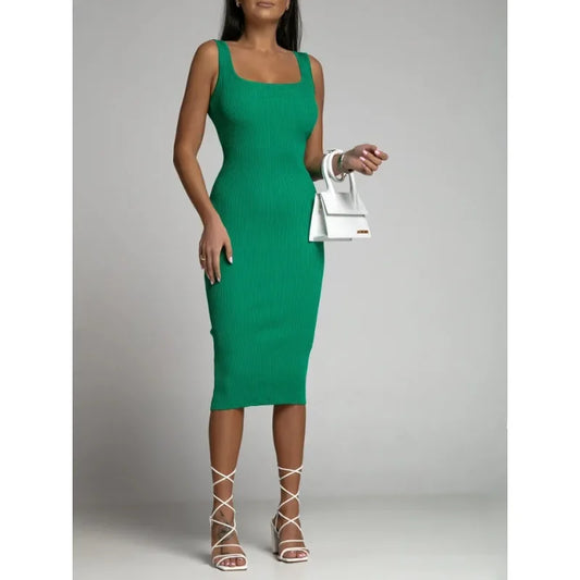 Summer Women's Square Neck Commuter Dress Sleeveless Open Back Slim Fit Wrapped Hip Dress Versatile Solid Color Casual Dress