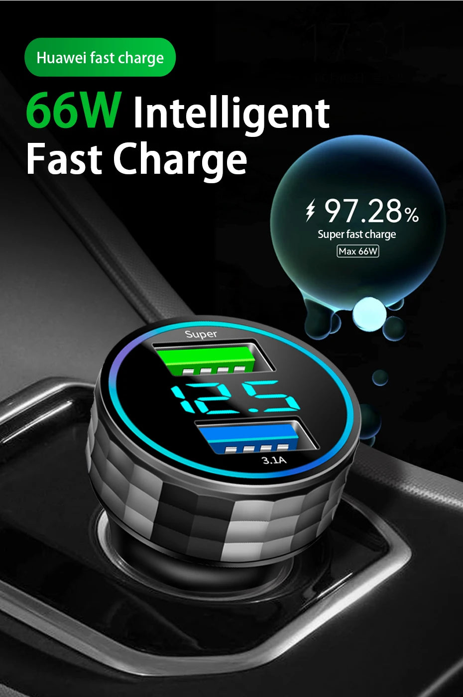 BLALION 66W 2 Port Super Fast USB Car Charger PD20W QC 3.0 Quick Charging Adapter with Digital Display For IPhone Samsung Xiaomi