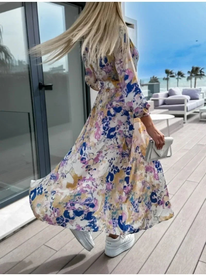 Women's Spring/Summer Dress Fashionable Colorful Printed V-neck Long Sleeved Elegant Dress Casual Belt Holiday Dress