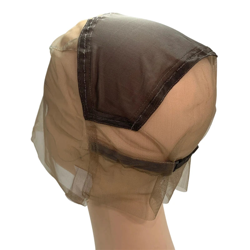 Adjustable Full Lace Wig Cap Brown/Beige with Stretch Straps Guide Line Customizable Wig Making Base for Hair Extension Projects