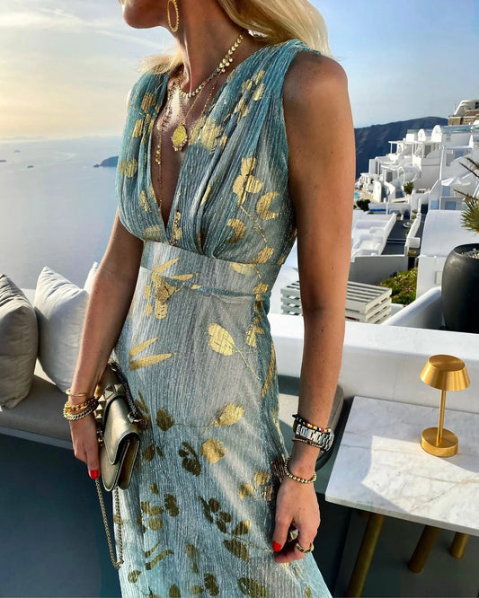 Spring and Summer New Women's Fashion V-neck Hot Stamped Dress for Leisure Vacation Party Women's Dress with Large Swing