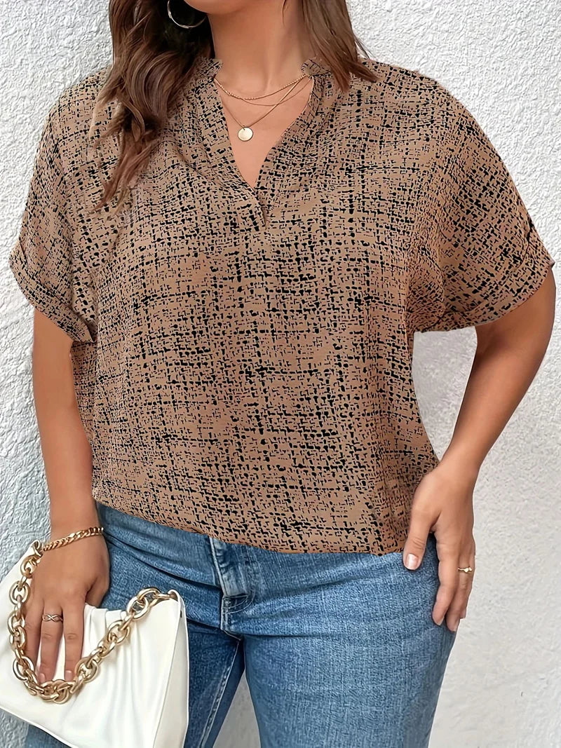 Plus Size Women's 1XL-5XL Casual V Neck Printing T-Shirt Top Elegant Blouse Women Short Sleeve Shirts