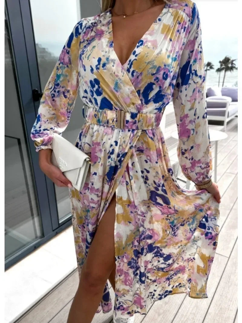 Women's Spring/Summer Dress Fashionable Colorful Printed V-neck Long Sleeved Elegant Dress Casual Belt Holiday Dress