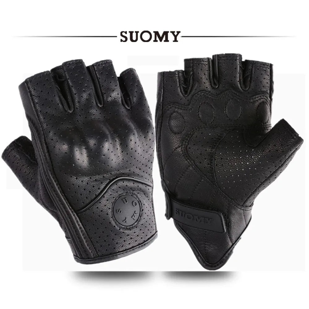 Summer Half Finger Motorcycle Gloves Retro Black Leather Perforated Motorbike Motocross Fingerless Gloves Men Women Riding Glove