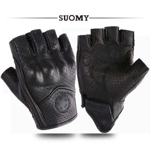 Summer Half Finger Motorcycle Gloves Retro Black Leather Perforated Motorbike Motocross Fingerless Gloves Men Women Riding Glove