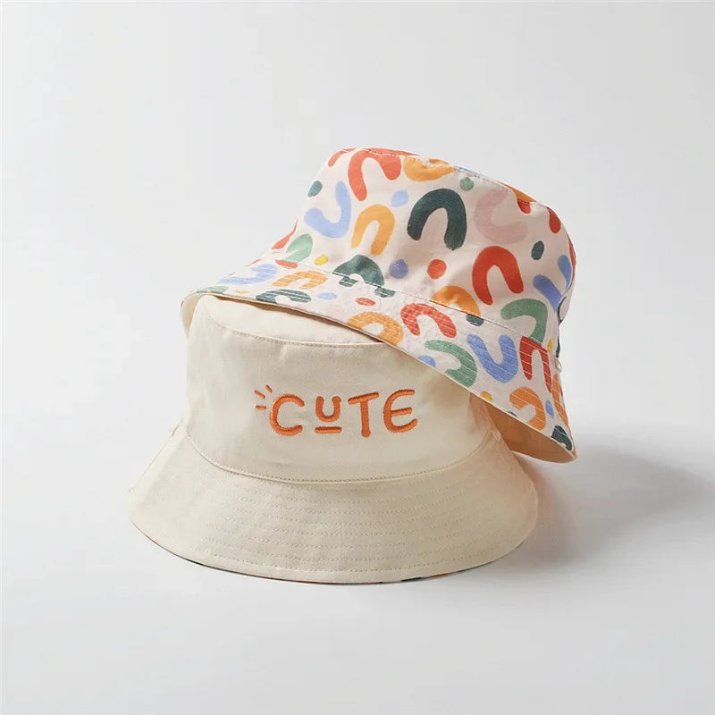 Double Sided Baby Bucket Hat with String Letter Embroidered Boys Girls Fisherman Cap Spring Summer Outdoor Kids Sun Hat