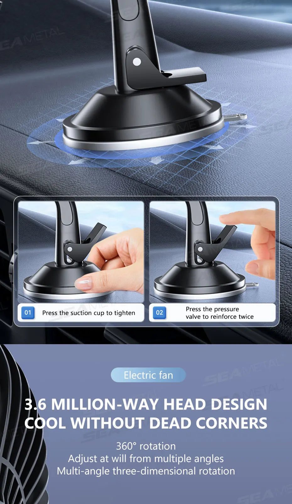 BLALION Car Fan 12V-24V Large Wind Three Speed Control Low Noise Portable Suction Cup Single Head Auto Cooling Fan USB Powered