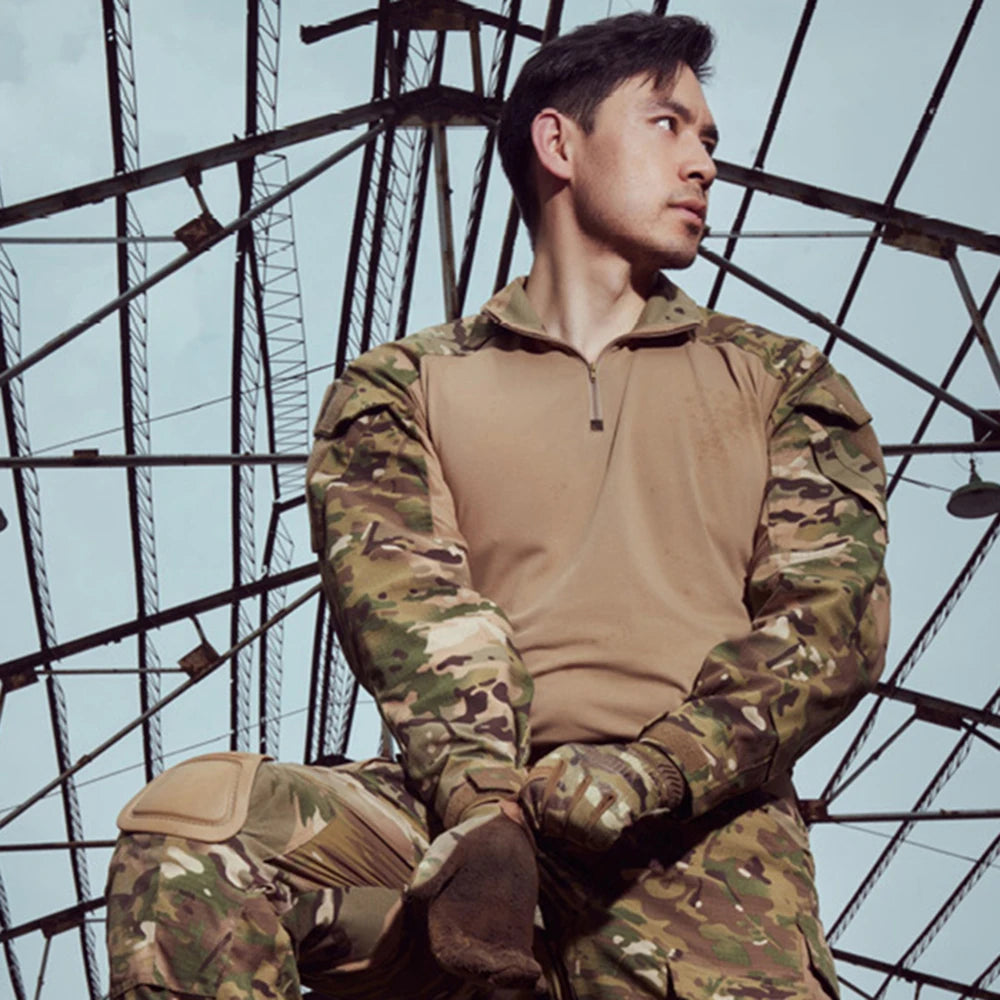 Men Camouflage Uniform Combat Shirt Outdoor Tactical Long Sleeve Shirt Paintball Camping Hunting Clothing