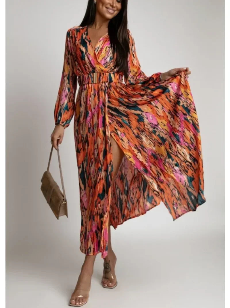 Women's Spring/Summer Dress Fashionable Colorful Printed V-neck Long Sleeved Elegant Dress Casual Belt Holiday Dress