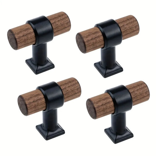 4pcs North American Black Walnut Color Furniture Handles Brass Door Pulls Solid Wooden Knobs T-Bar Kitchen Cabinet Wood Handle