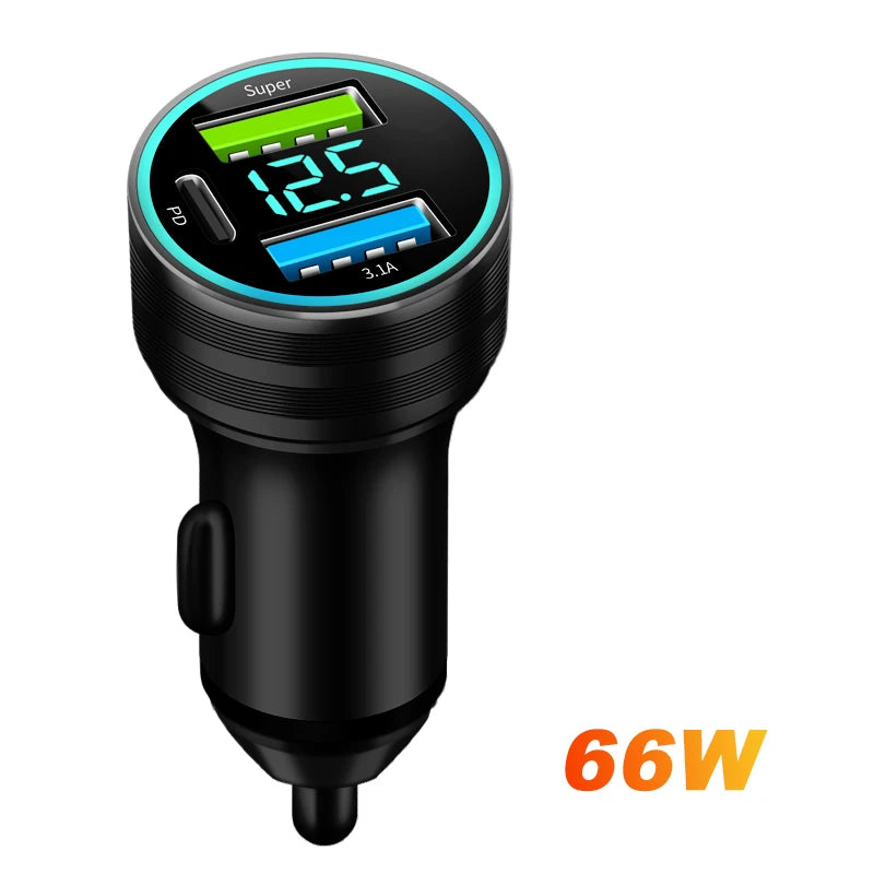 BLALION 66W 2 Port Super Fast USB Car Charger PD20W QC 3.0 Quick Charging Adapter with Digital Display For IPhone Samsung Xiaomi