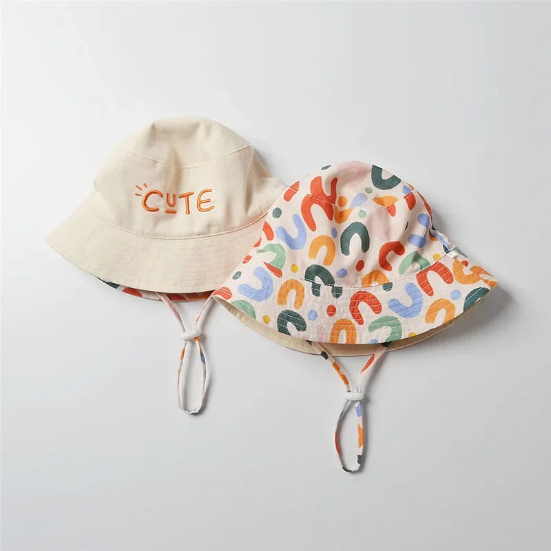 Double Sided Baby Bucket Hat with String Letter Embroidered Boys Girls Fisherman Cap Spring Summer Outdoor Kids Sun Hat