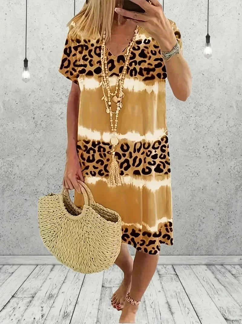Women's Plus Size 1XL-8XL Fashion Casual Dress Short Sleeve Dress Tie Dye Leopard Short Sleeve V Neck Slight Stretch Dress