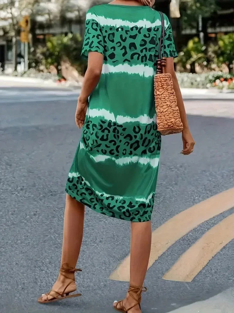 Women's Plus Size 1XL-8XL Fashion Casual Dress Short Sleeve Dress Tie Dye Leopard Short Sleeve V Neck Slight Stretch Dress