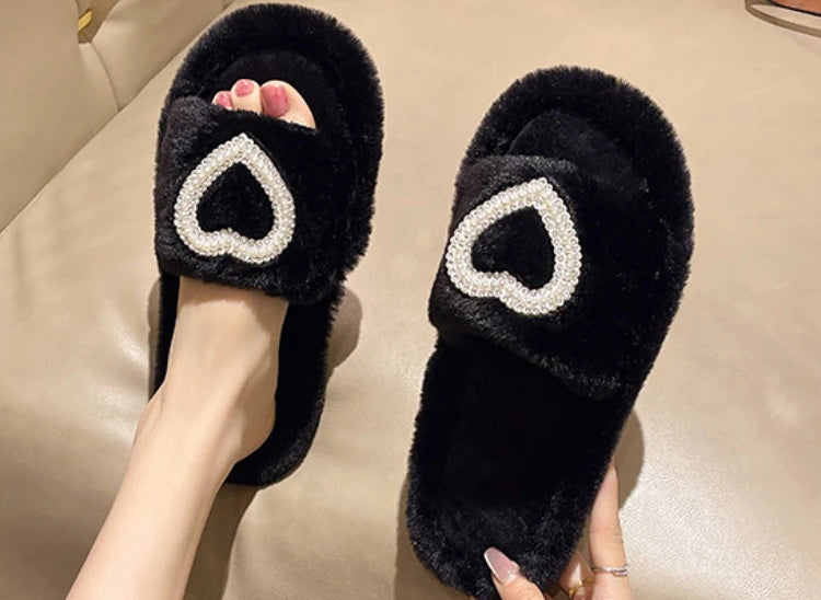New Fashionable Hot Diamond Pearl Love Hair Cotton Slippers for Autumn and Winter Home slipper