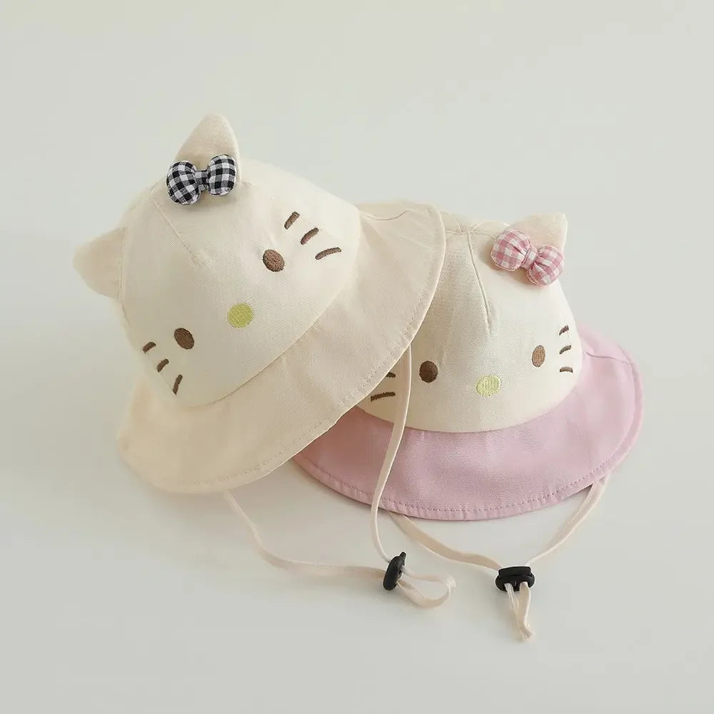 Panama Summer Cute Cat Bowknot Baby Bucket Hat for Girls Cotton Toddler Sun Cap Children Beach Sun Hat Kids UV Protection Cap