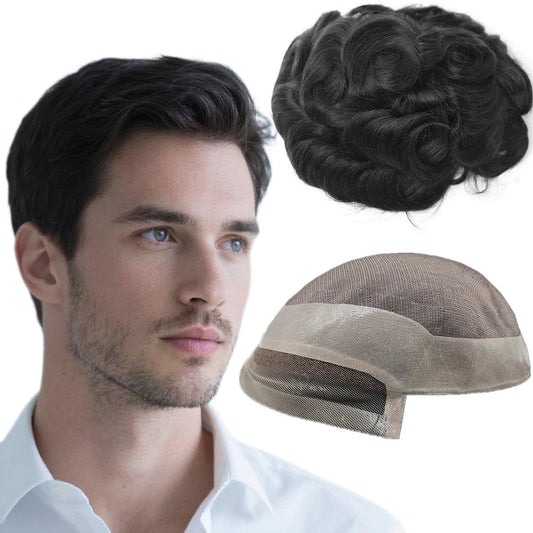 Toupee for Men Mono & NPU Human Hair Pieces Hair units Male Wavy Hair Replacement System Hair Prosthesis