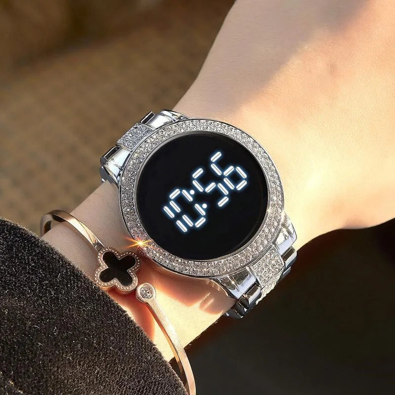 Kegllect LED Large Screen Diamond Inlaid Women's Watch Round Steel Band Electronic Watches