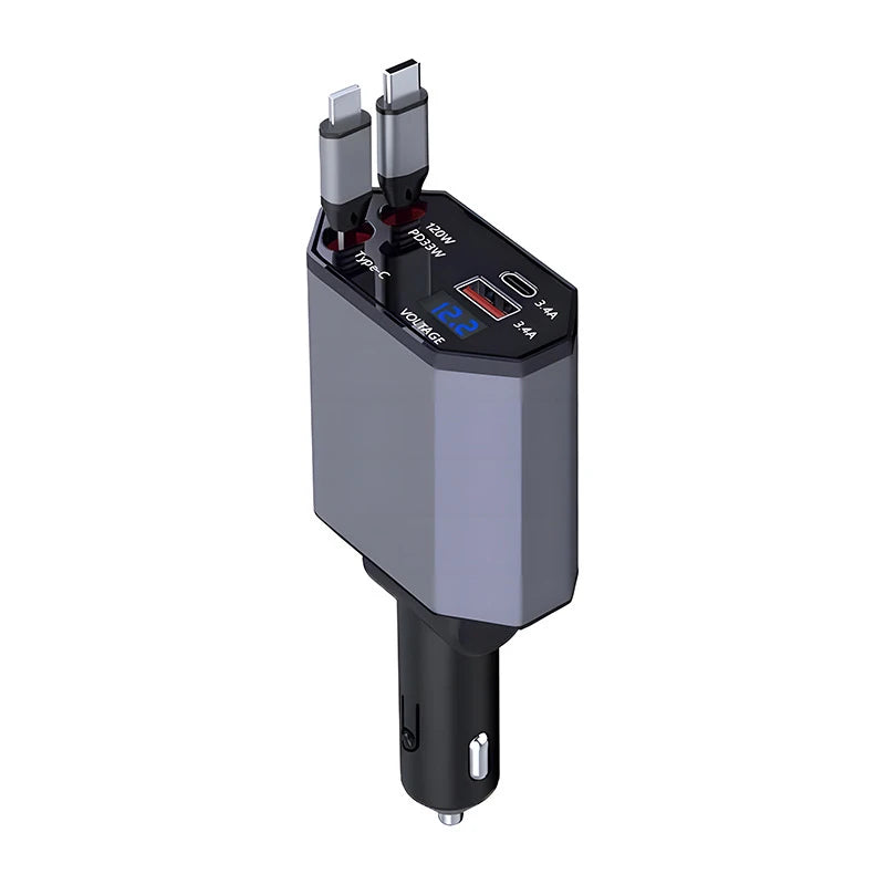 BLALION 4in1 120W Car Fast Charger Retractable USB Type C Cable For IPhone Xiaomi Huawei Samsung Car Cigarette Lighter Adapter