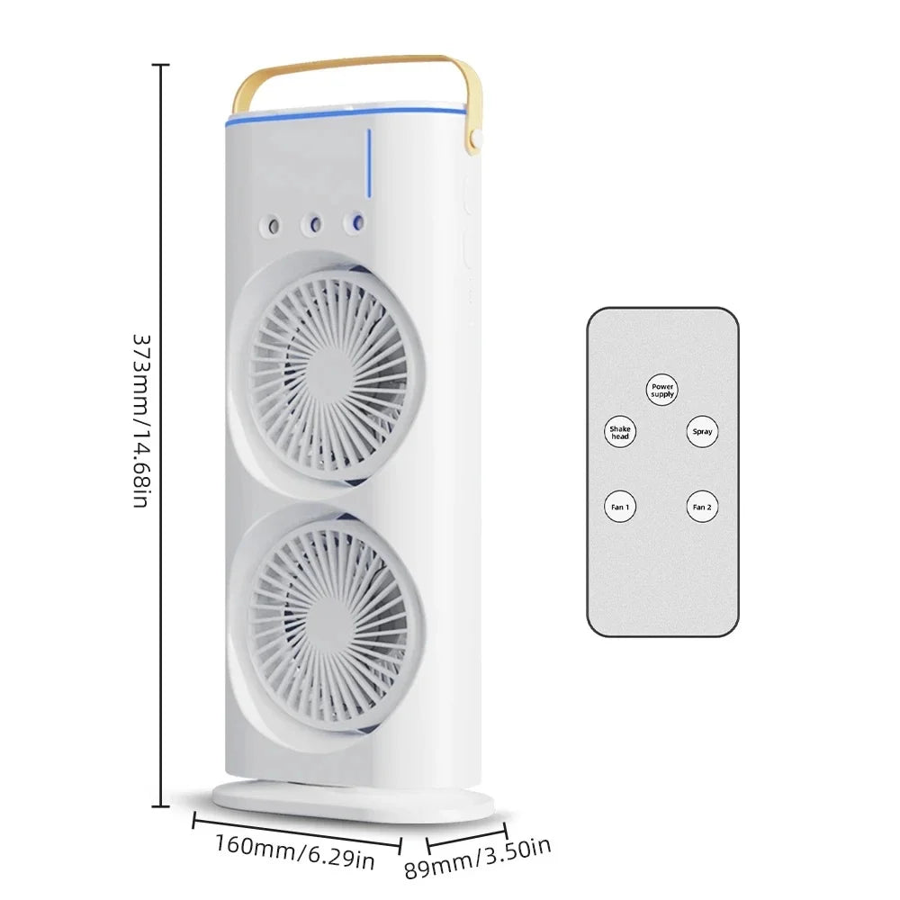 Dual Head Spray Tower Fan with Control Mis Humidifier Rechargeable Desk Fan with 3 Wind Speed For Home Office Travel Camping