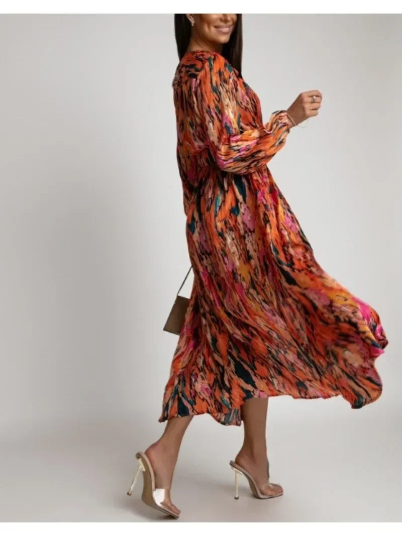 Women's Spring/Summer Dress Fashionable Colorful Printed V-neck Long Sleeved Elegant Dress Casual Belt Holiday Dress