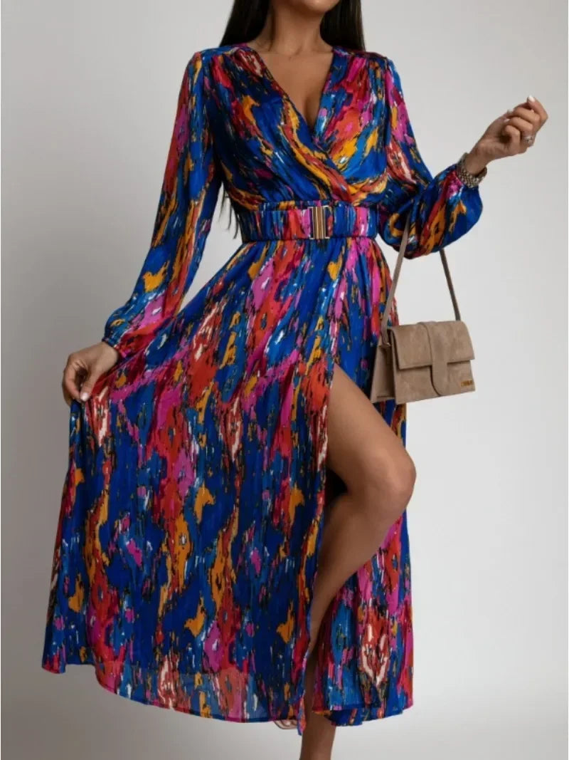 Women's Spring/Summer Dress Fashionable Colorful Printed V-neck Long Sleeved Elegant Dress Casual Belt Holiday Dress