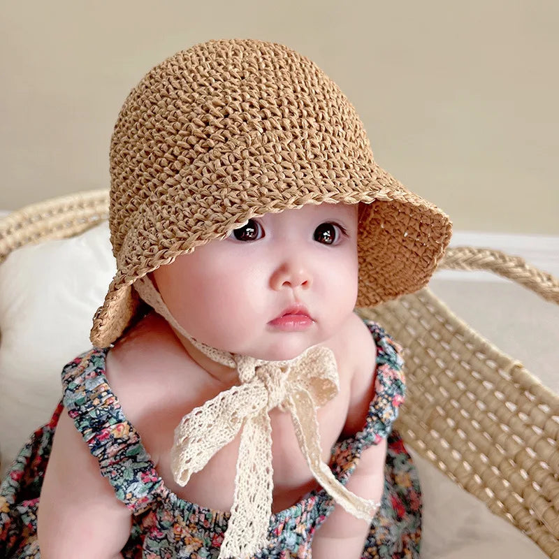 Summer Baby Hat Straw Baby Girl Cap Fashion Lace Bow Beach Children Panama Hat Princess Bonnets for Kids Outdoor Travel Sun Cap