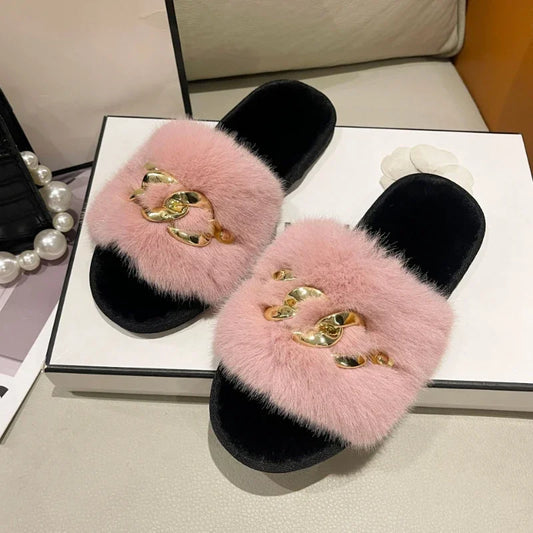 New autumn and winter metal chain hairy slippers fashionable and warm large fur flat heel cotton slippers