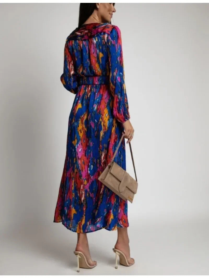 Women's Spring/Summer Dress Fashionable Colorful Printed V-neck Long Sleeved Elegant Dress Casual Belt Holiday Dress