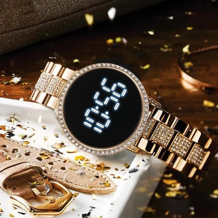 Kegllect LED Large Screen Diamond Inlaid Women's Watch Round Steel Band Electronic Watches