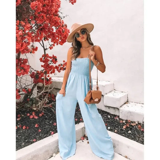 New Fashionable European and American Spring/summer Sexy Camisole Loose Casual Jumpsuit INS Vacation Wide Leg Jumpsuit